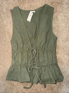Olive Tie-Front Sleeveless Waist-Detail Top
